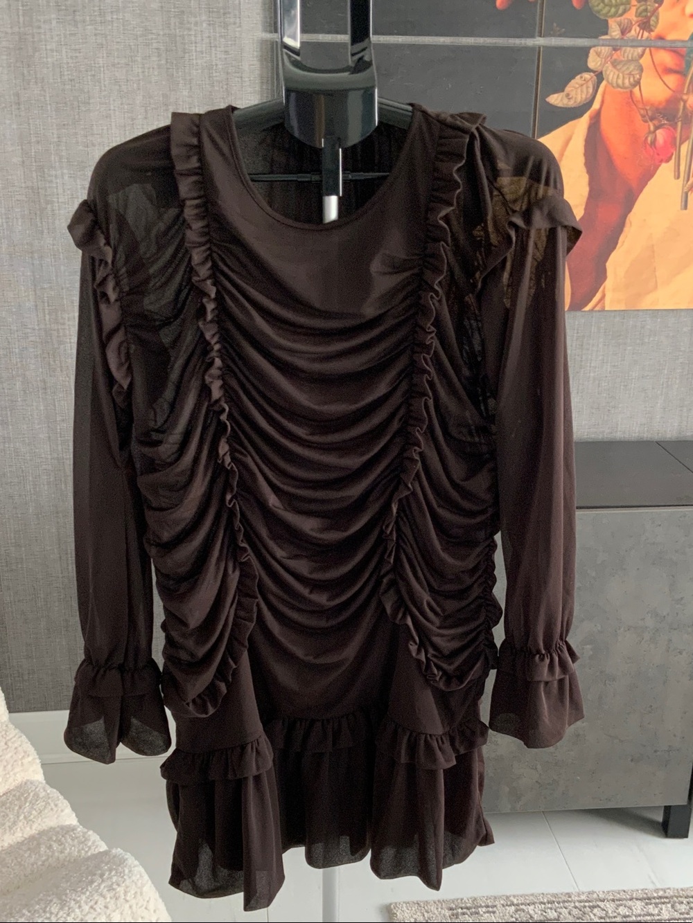 H&M Dark Brown Ruched Long Sleeve Mini Dress M